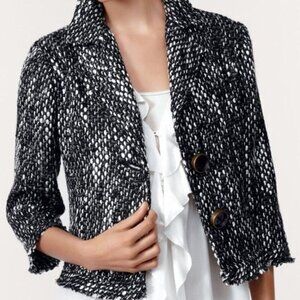 CABI Salt & Pepper Tweed Blazer style 686 Black White Gray Fringe Trim Jacket XS